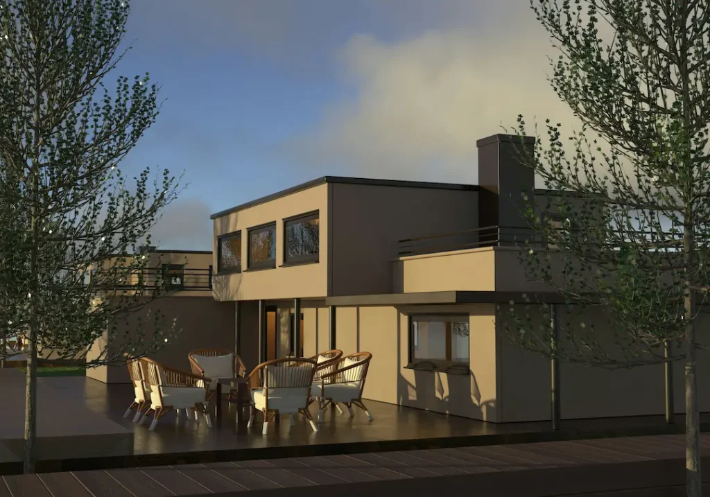 Modernes Einfamilienhaus mit Terrasse und Garten bei Abendlicht